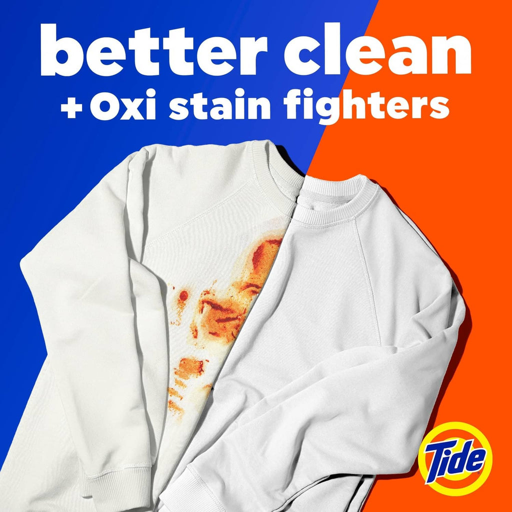 White sweatshirt with visible stain and Tide logo