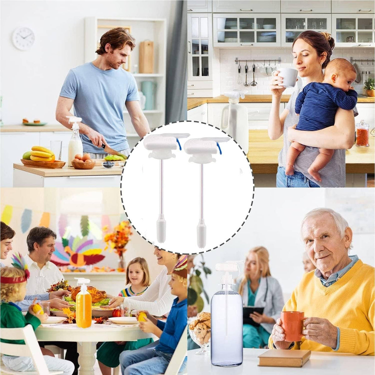 White electric drink dispenser pouring into cups on a kitchen table