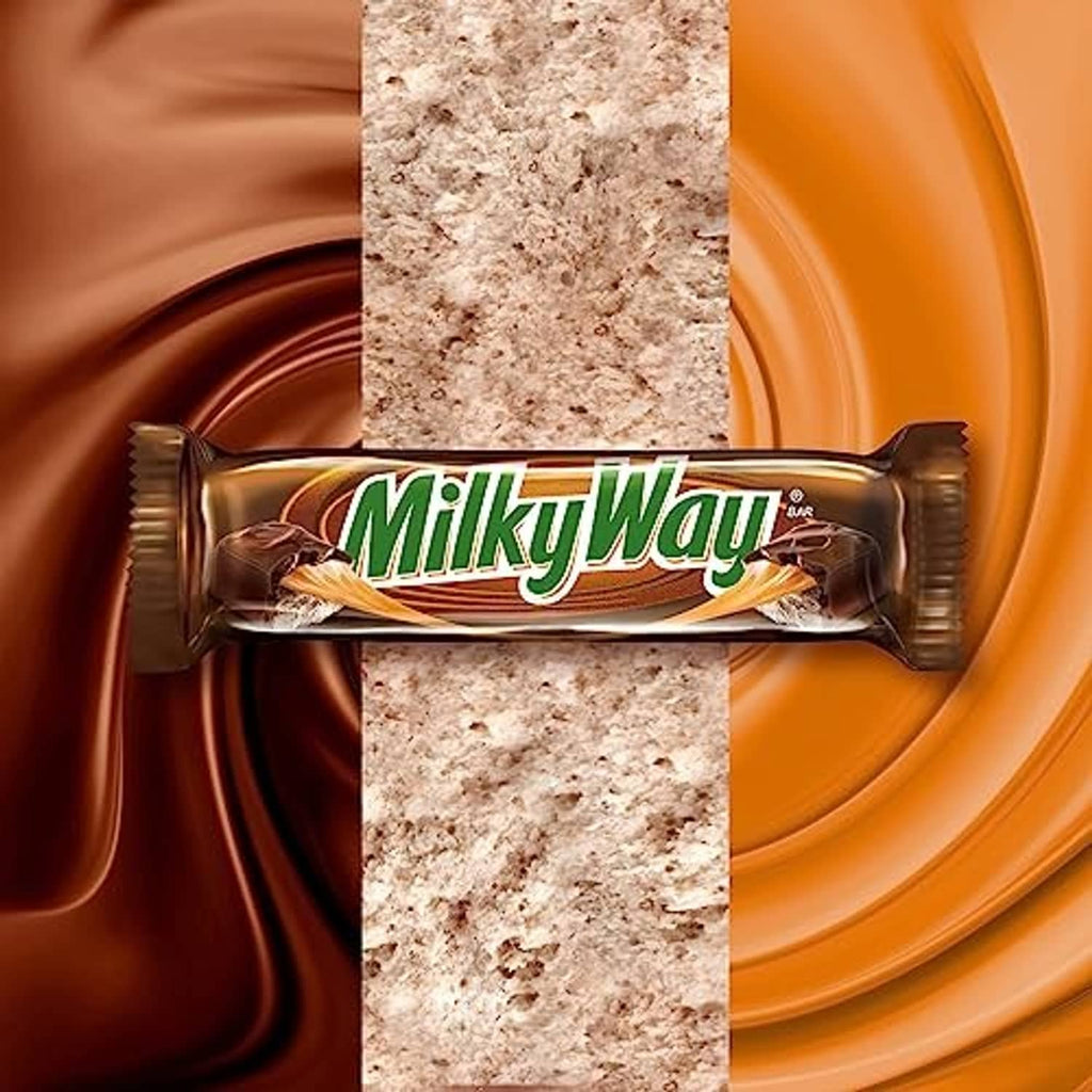Milky Way chocolate bar wrapped with logo, shown across an orange swirl backdrop