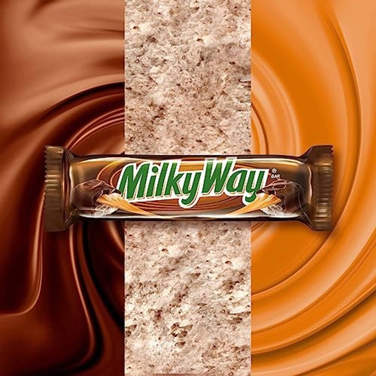 Milky Way chocolate bar wrapped with logo, shown across an orange swirl backdrop