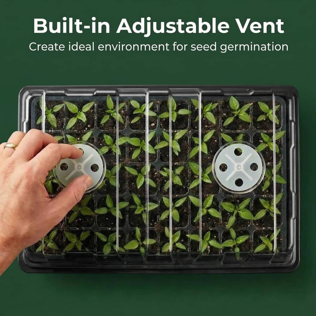 Clear vented humidity dome with adjustable vent over planted seedlings in black tray