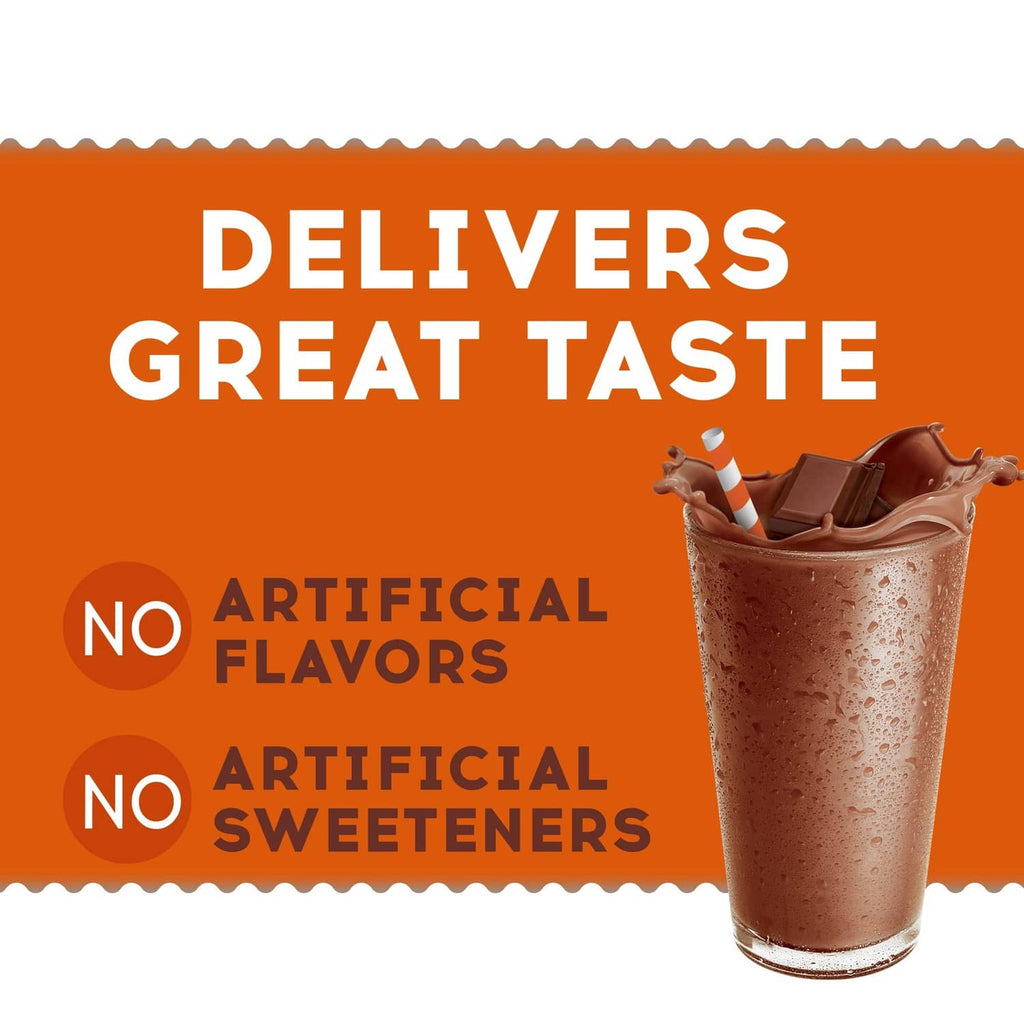 Chocolate malt mix serving glass with label text: delivers great taste, no artificial flavors