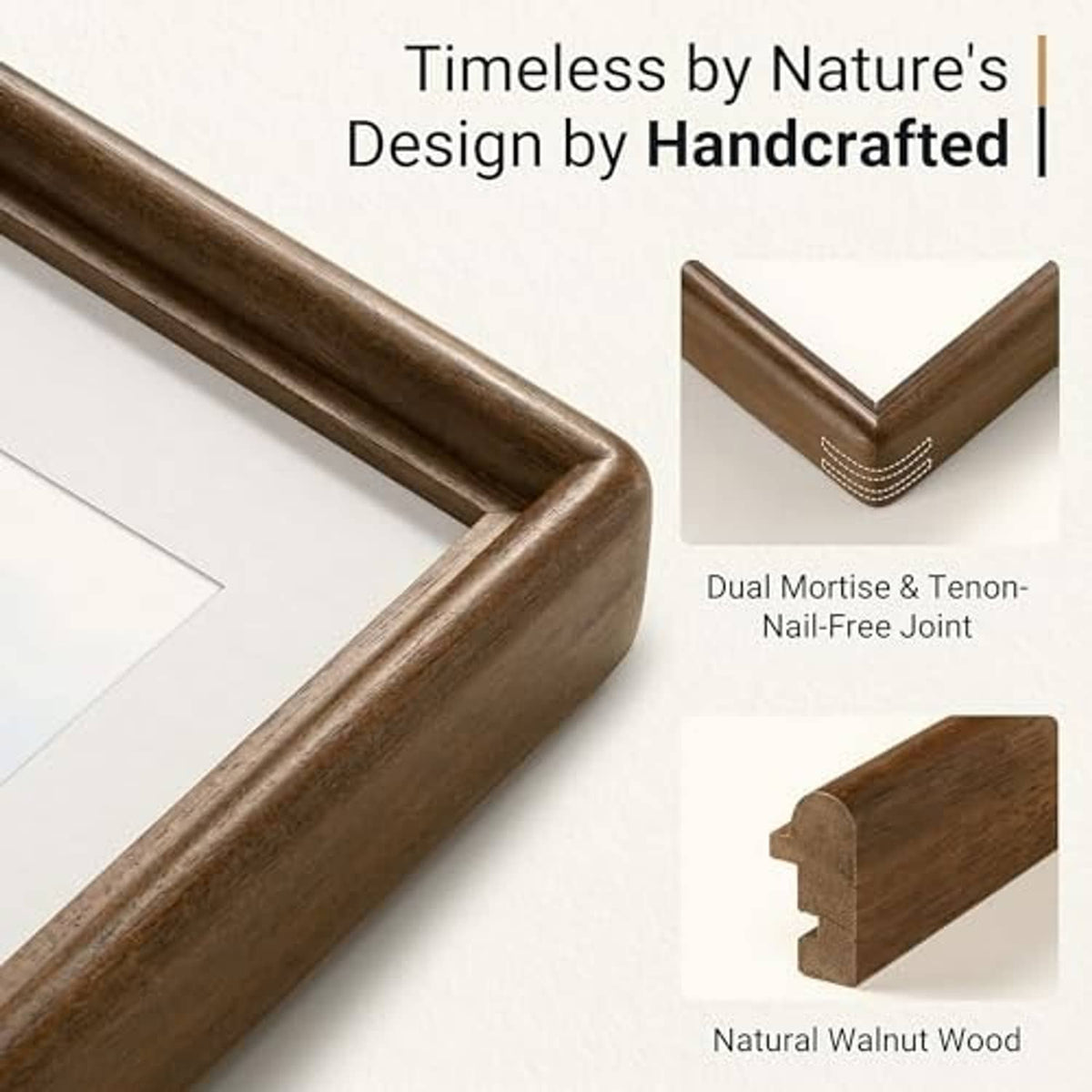 Walnut frame molding with natural wood grain and corner joint detail