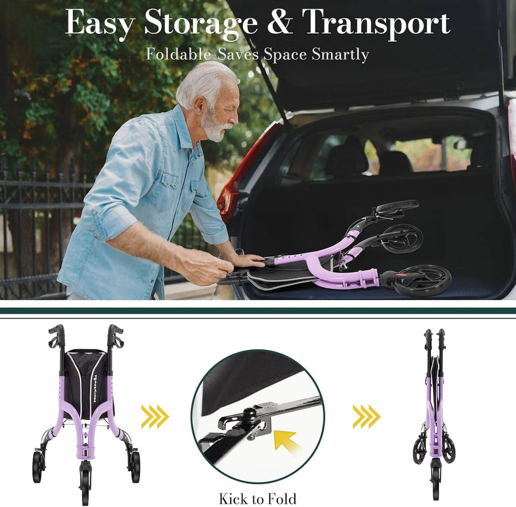 Foldable 3-wheel rollator shown with purple frame and black storage seat bag