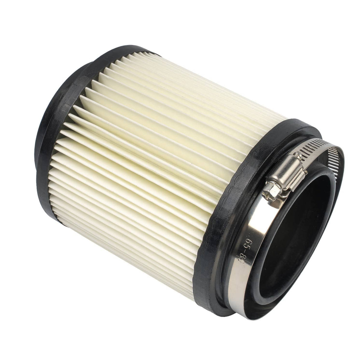 Cylindrical air filter with pleated paper element, black cap, and metal retaining band