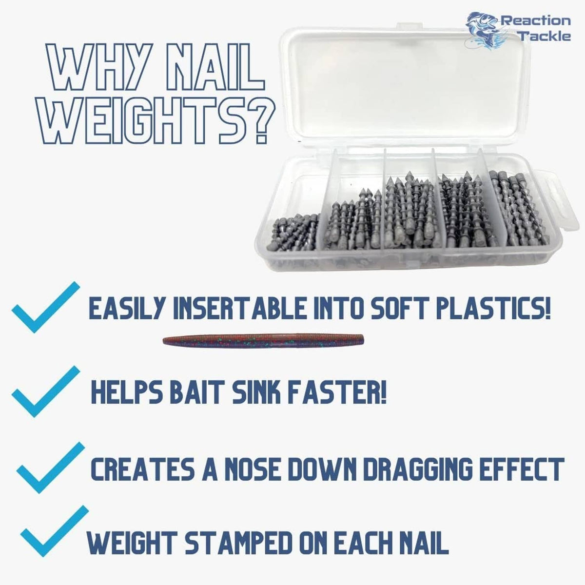 Open plastic case of gray lead nail weights with many pointed nails ready to use