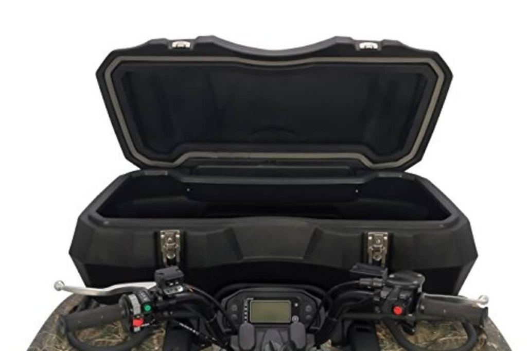 ATV front storage box open on ATV, black interior with two metal latch locks