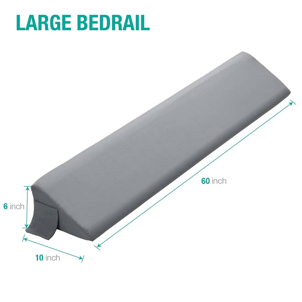 Gray queen bed wedge pillow with side pocket, 60 in long.