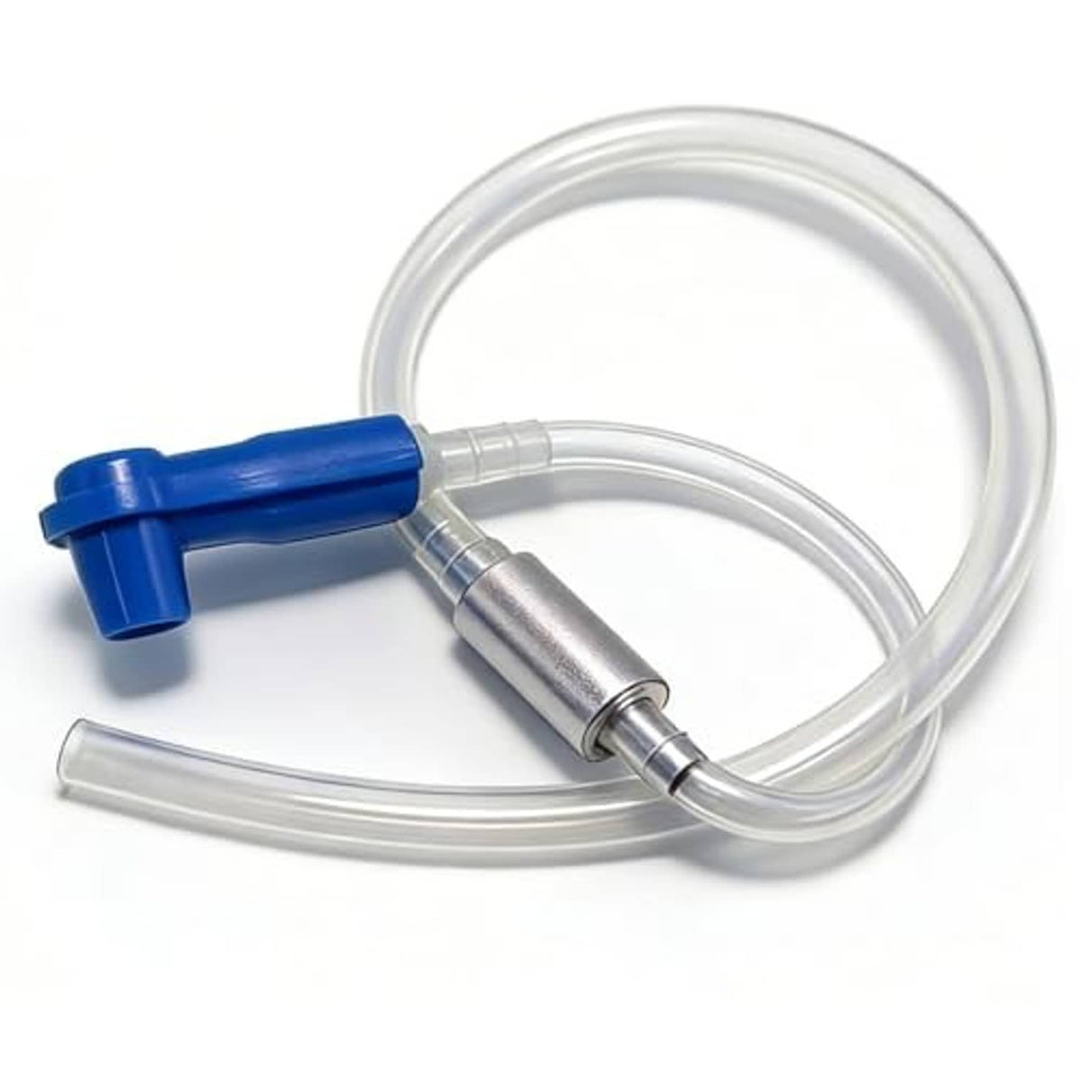 Universal brake bleeder hose kit with blue handle, metal valve, and clear tubing