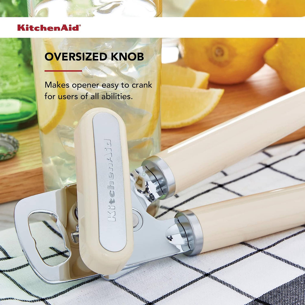 Almond cream can opener with oversized knob and cutting wheel close-up