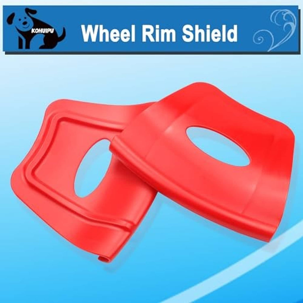 Pair of red plastic rim shield covers with oval cutouts, protective molded design.