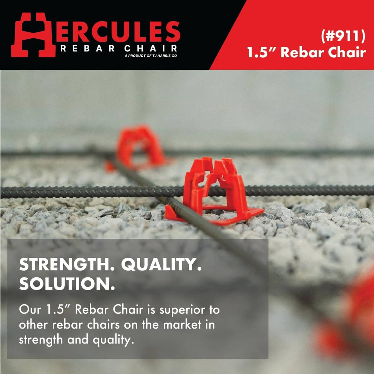 Red 1.5 in rebar chair holding gray rebar on gravel surface