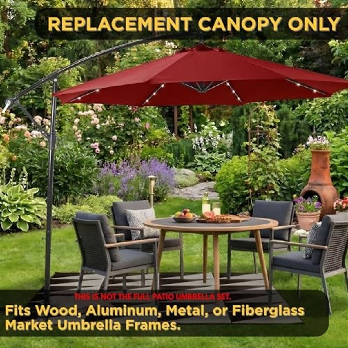 Scarlet replacement umbrella canopy on a stand over outdoor dining chairs and table.