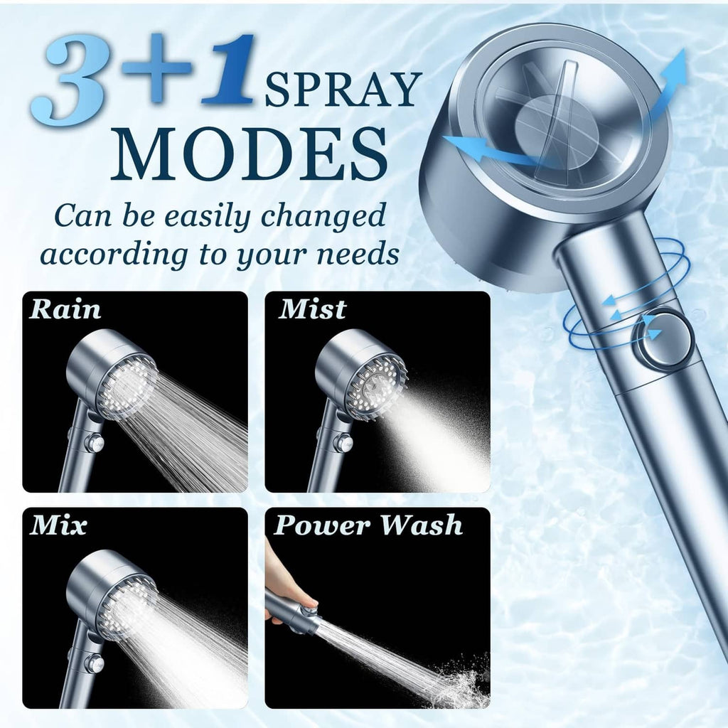 Shower head with 3+1 spray modes control dial and nozzle spray patterns