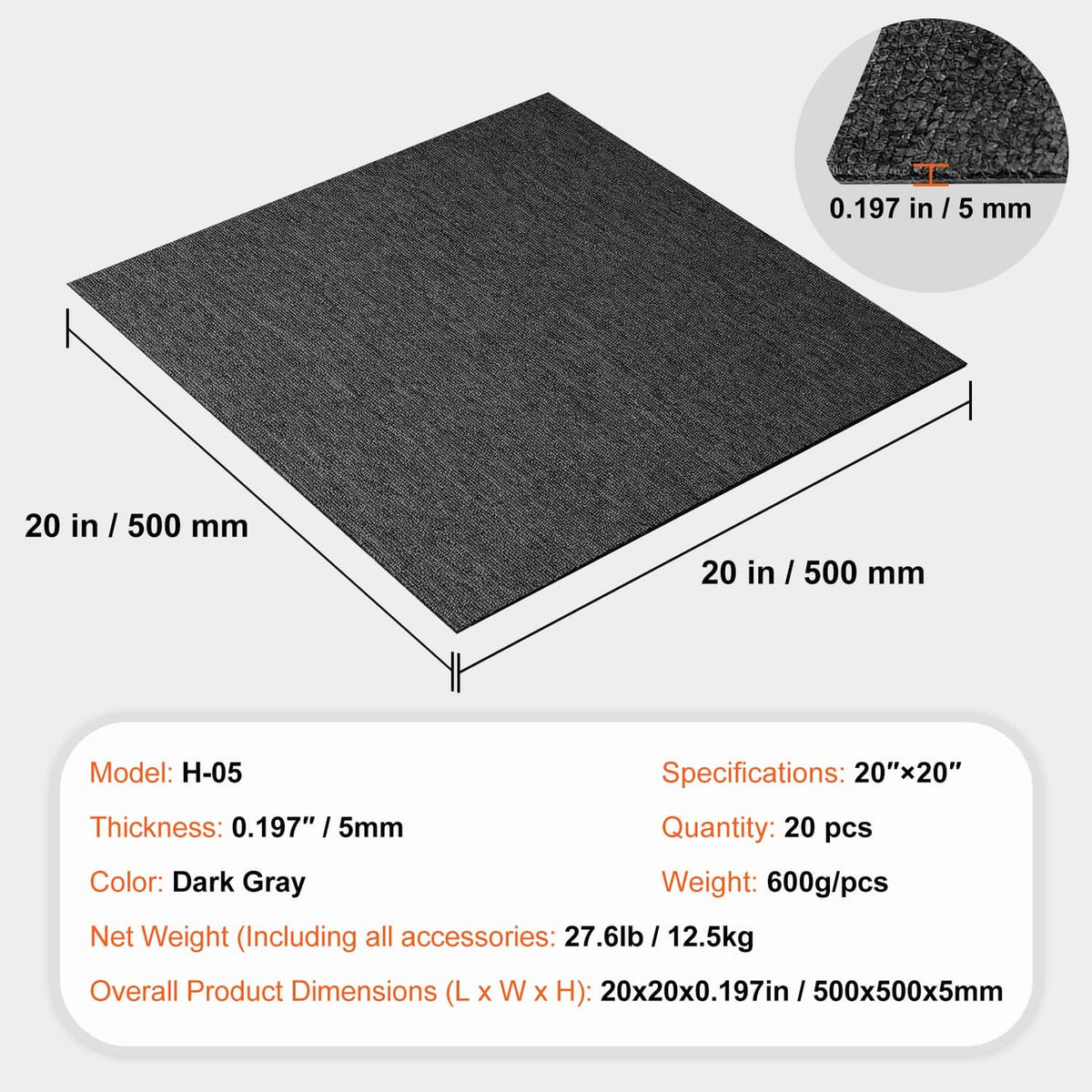 Dark gray carpet tile square with attached padding, shown with thickness detail
