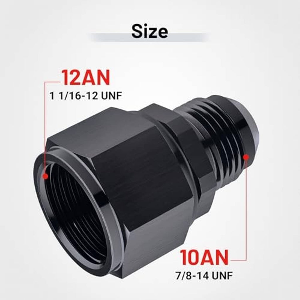 Black AN fitting adapter showing 12AN inlet and 10AN outlet threaded ports
