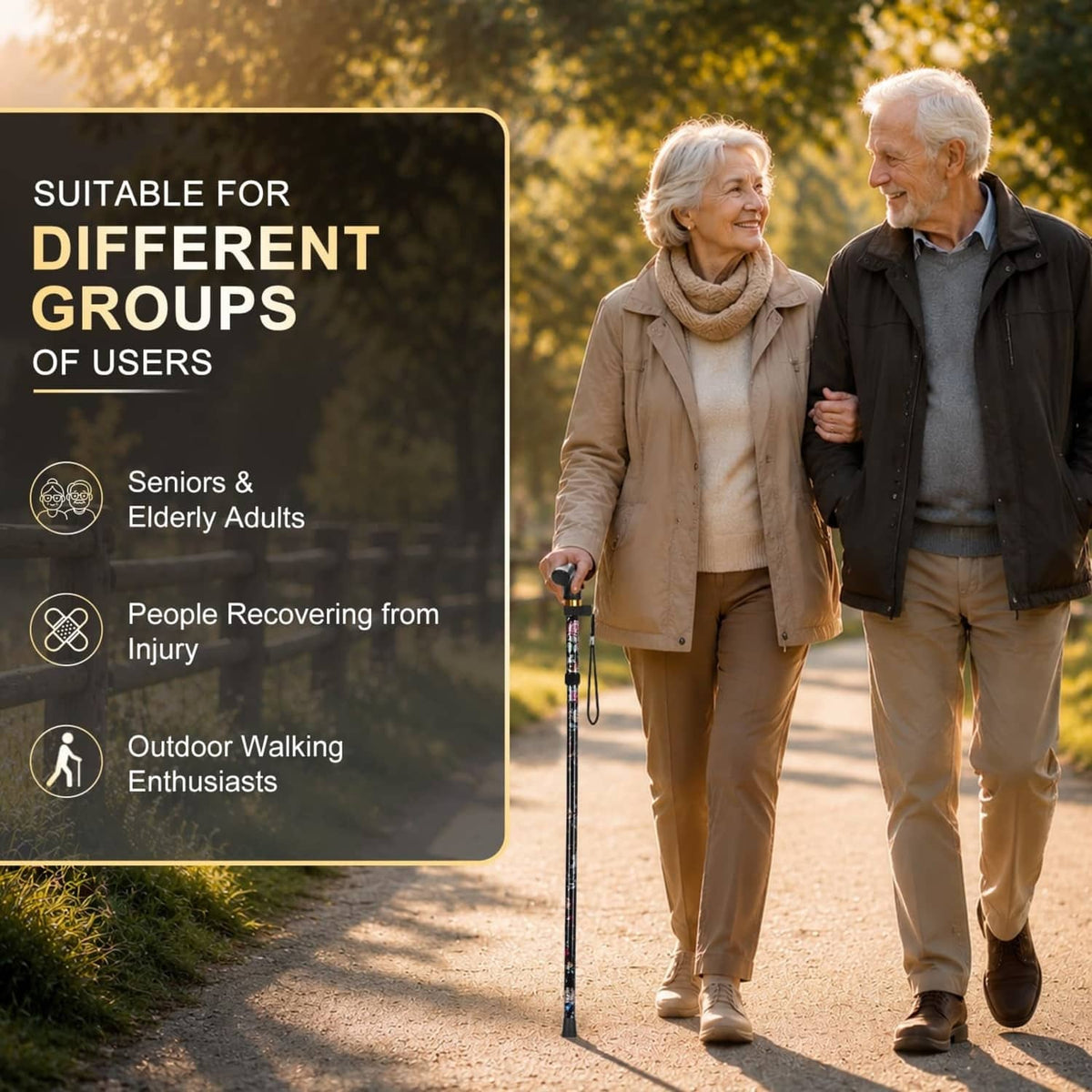 Black floral folding cane with wrist strap used by two seniors on a path