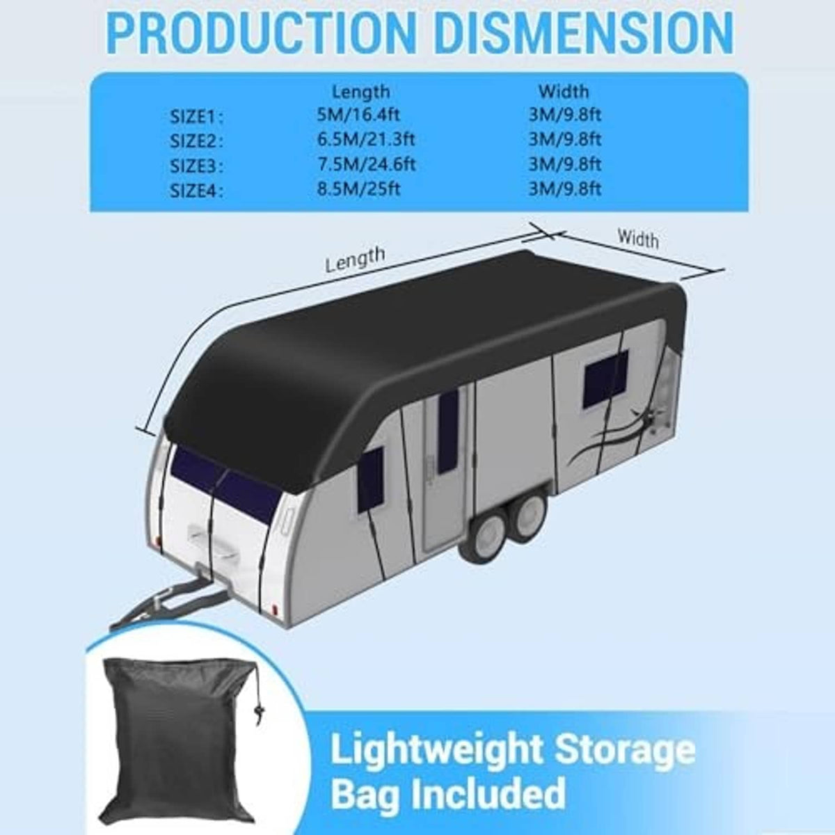 Black roof-only RV cover layout on top view with length and width