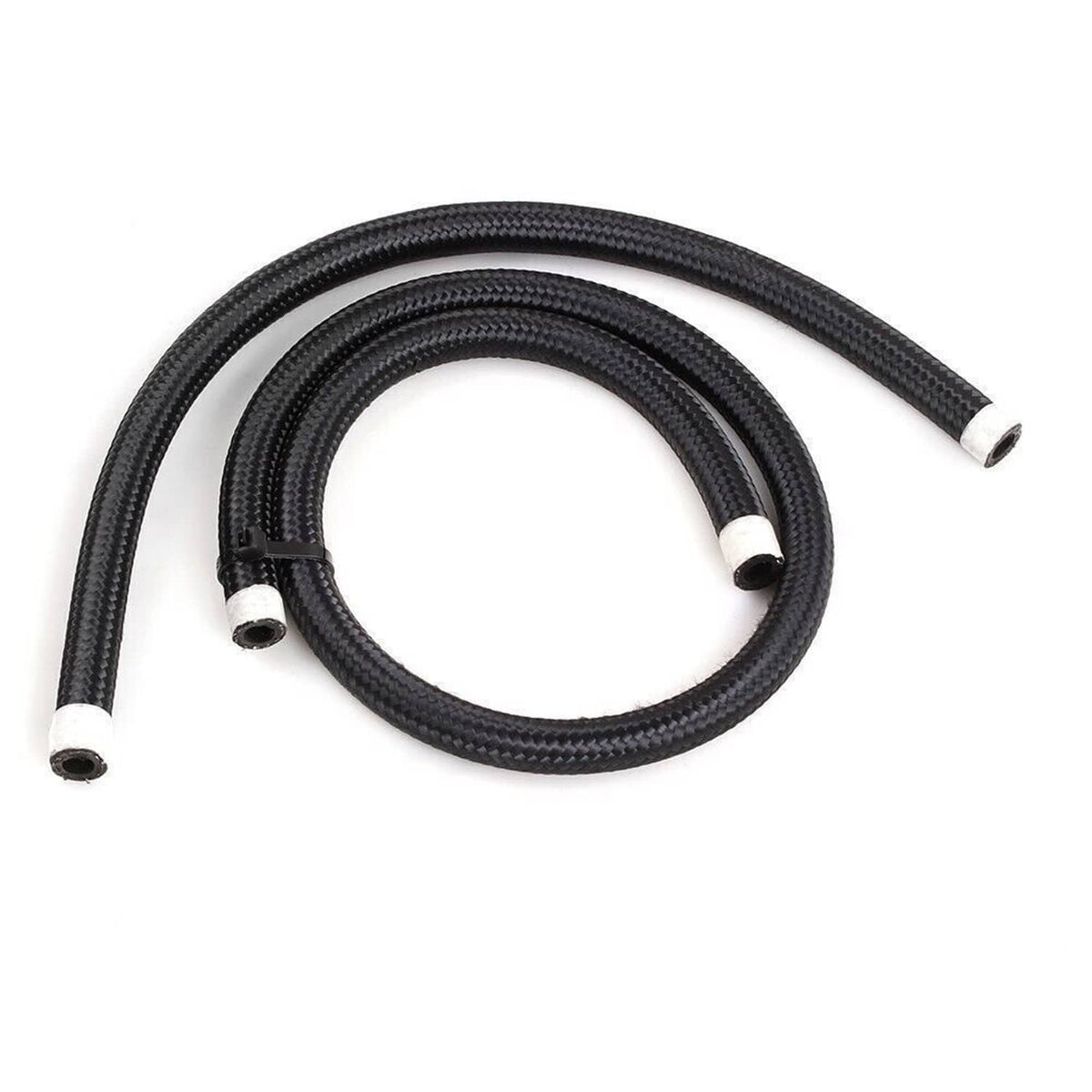 Pair of black braided fuel hoses with white end caps and metal line ports