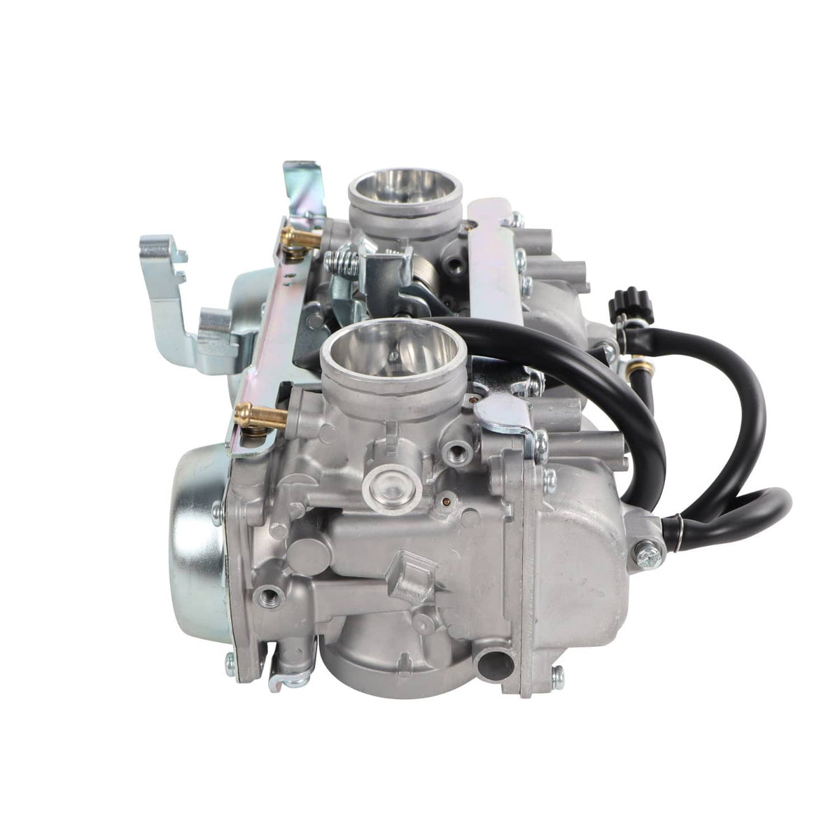 Dual carburetor assembly with twin intake openings and black wiring/hoses