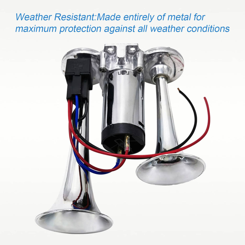 Chrome dual trumpet electric air horn with two horn bells and exposed wire harness