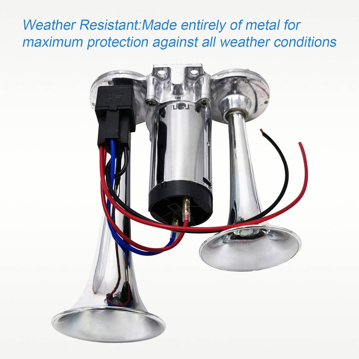 Chrome dual trumpet electric air horn with two horn bells and exposed wire harness
