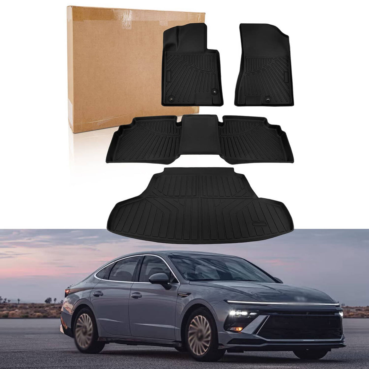 Black all-weather floor mat and cargo liner set, multi-piece with raised channels