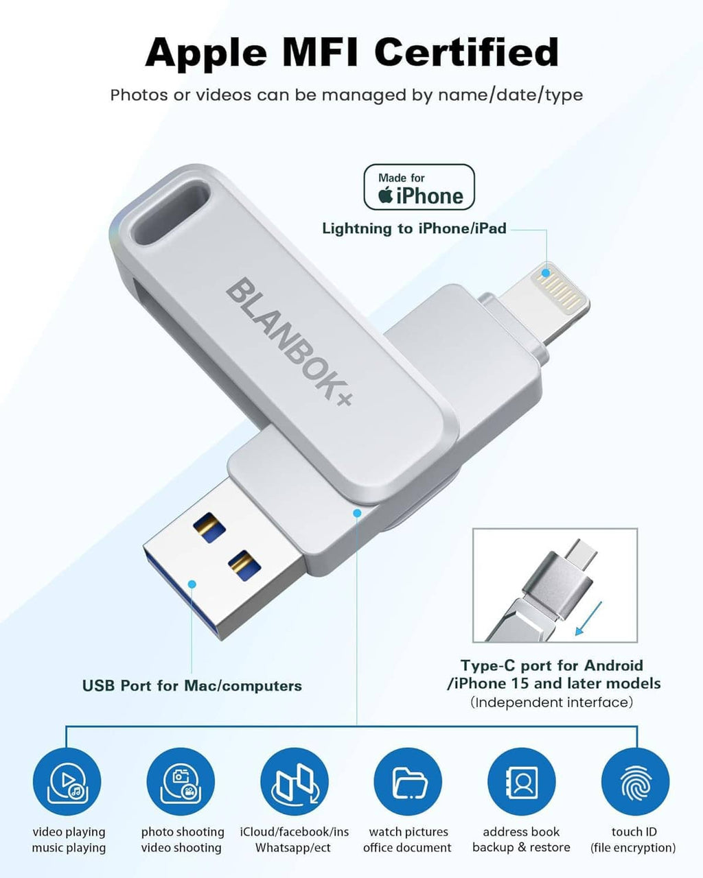 Gray BLANBOKX flash drive dock with Lightning connector and USB port for iPhone