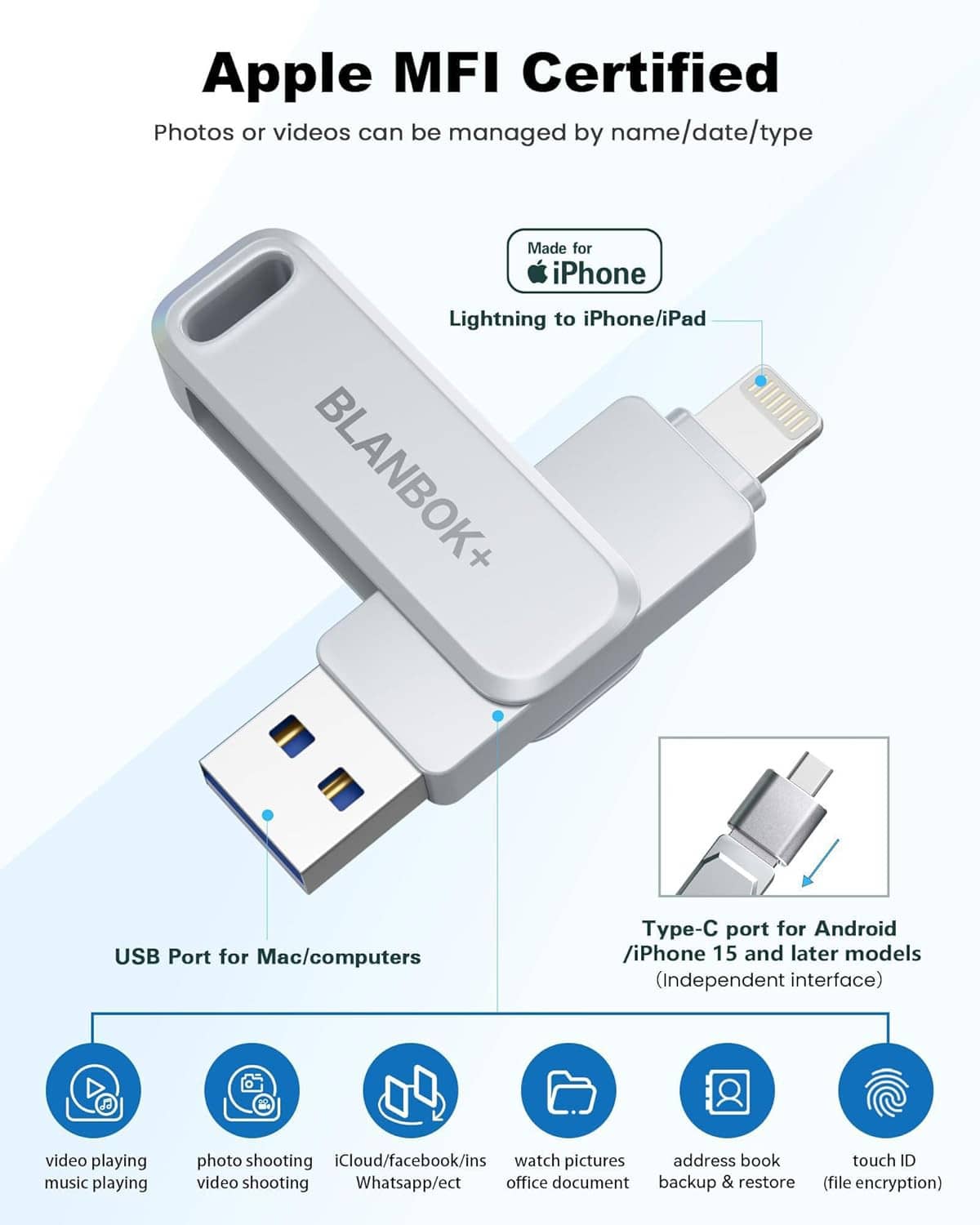 Gray BLANBOKX flash drive dock with Lightning connector and USB port for iPhone