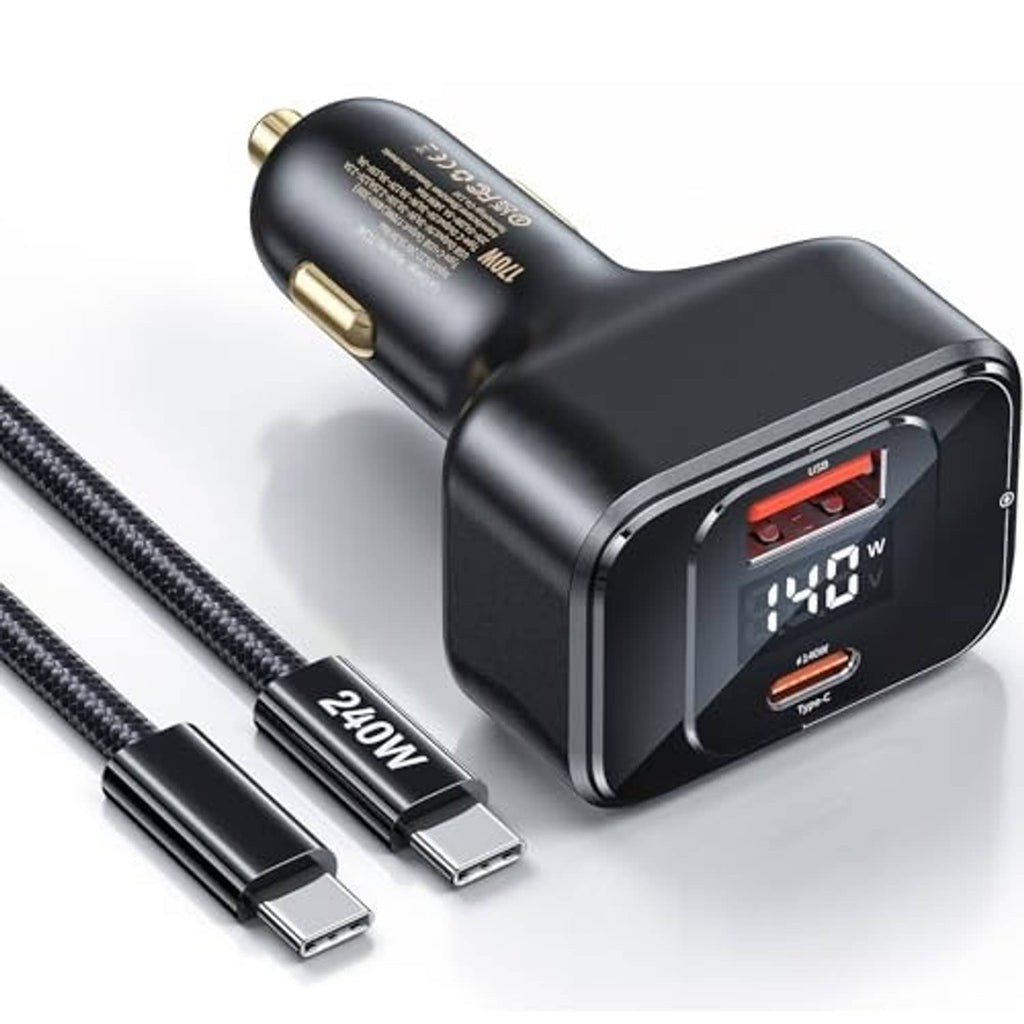 Black car charger with single USB-C port and LED display, shown with USB-C cables