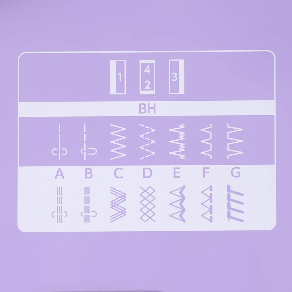 Close-up of stitch pattern selection chart on a purple Janome sewing machine