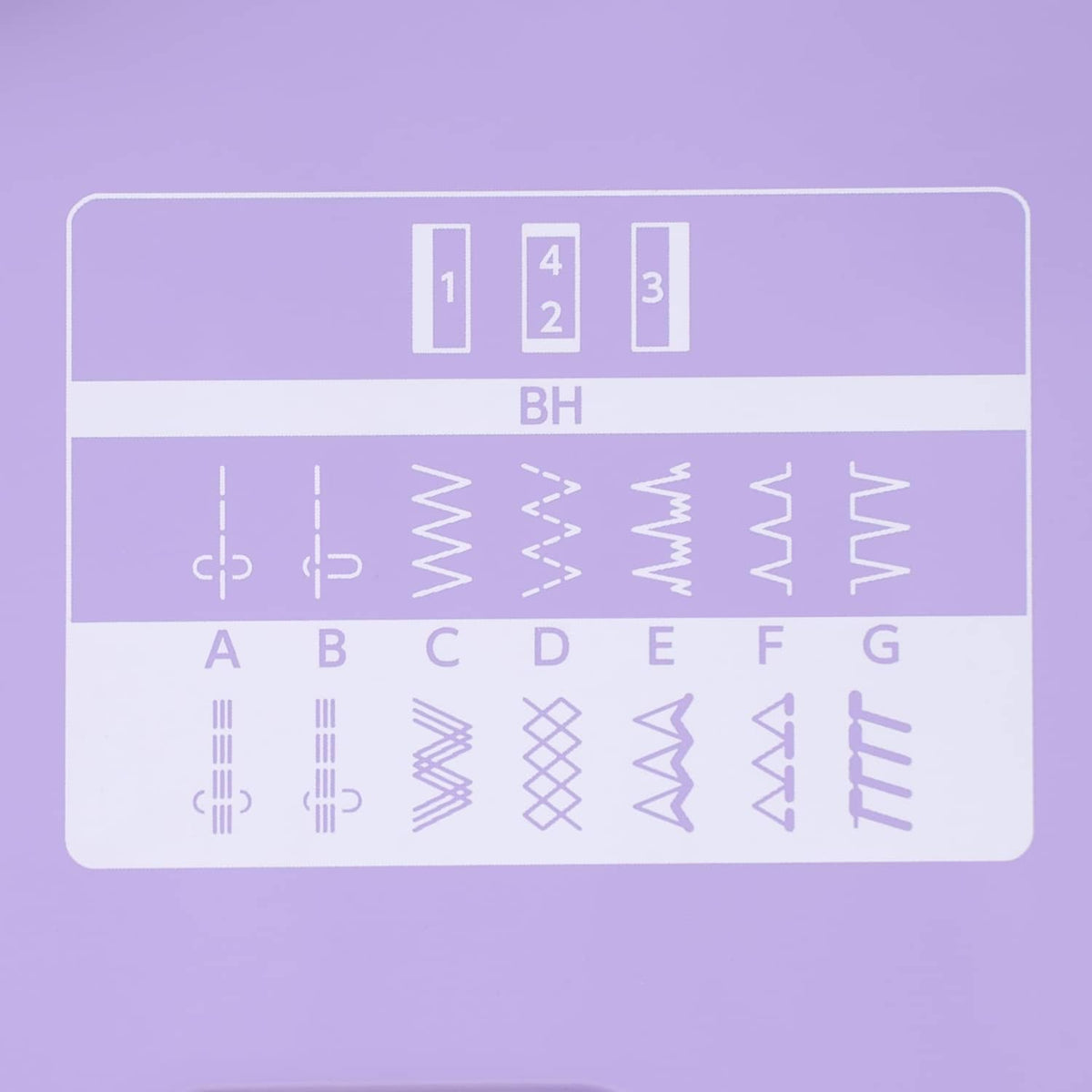 Close-up of stitch pattern selection chart on a purple Janome sewing machine