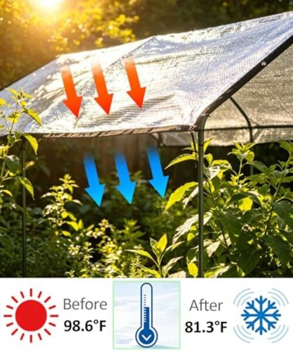 Silver shade cloth overhead with reinforced grommet edge