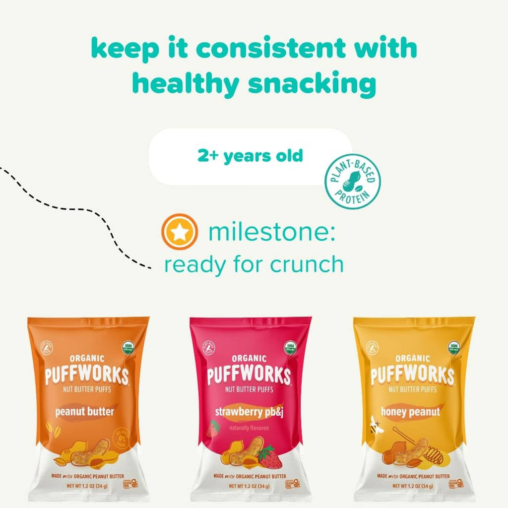 Organic puff snack bags with milestone badge for crunchy snacking (2+ years)