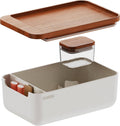 Airtight storage box with tray, speckled gray base and wooden lid, open interior organizer.