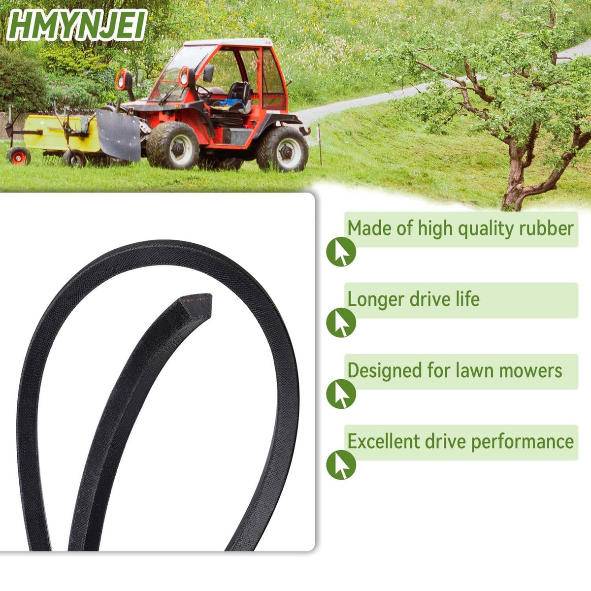 Black rubber lawn mower drive belt, flexible loop with textured sides