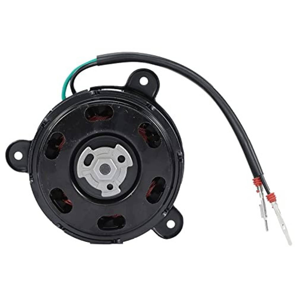 Radiator cooling fan motor top view with circular fan housing and wire leads