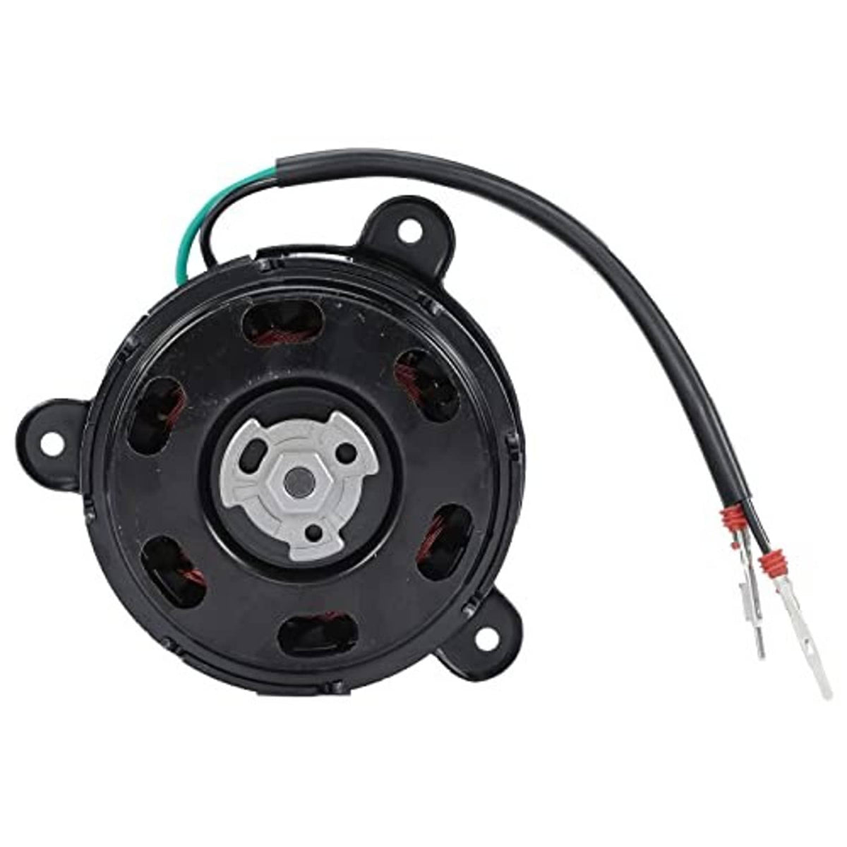 Radiator cooling fan motor top view with circular fan housing and wire leads