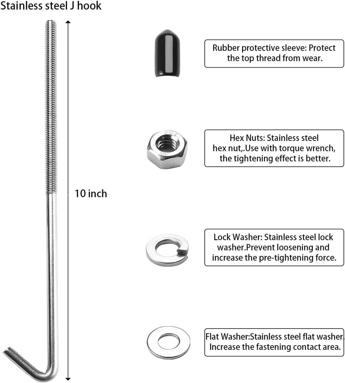 Hardware for battery tie-down: 10 in J-hook rods, rubber sleeve, nuts, and washers