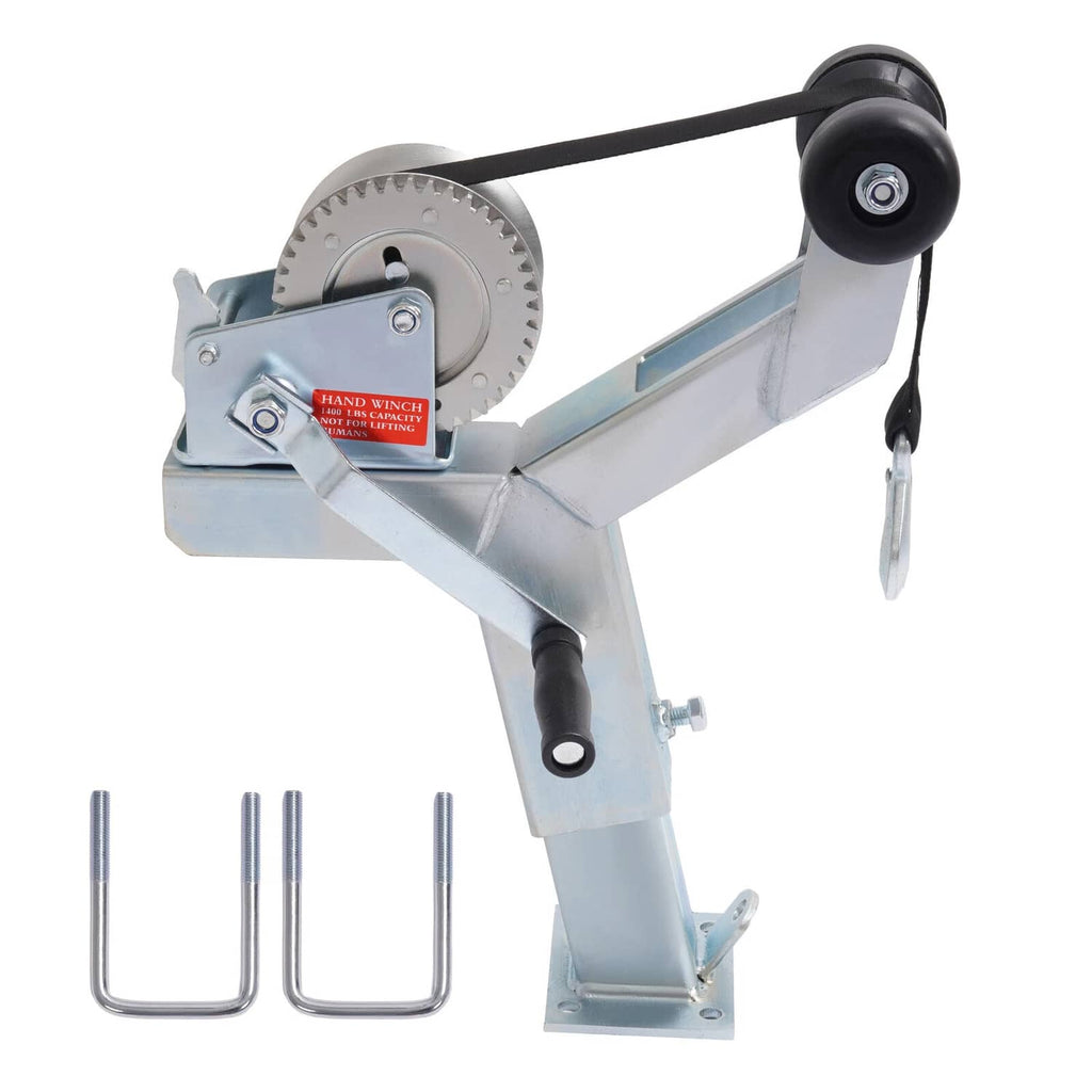 Adjustable winch post with gear wheel, black strap handle, and galvanized steel support.