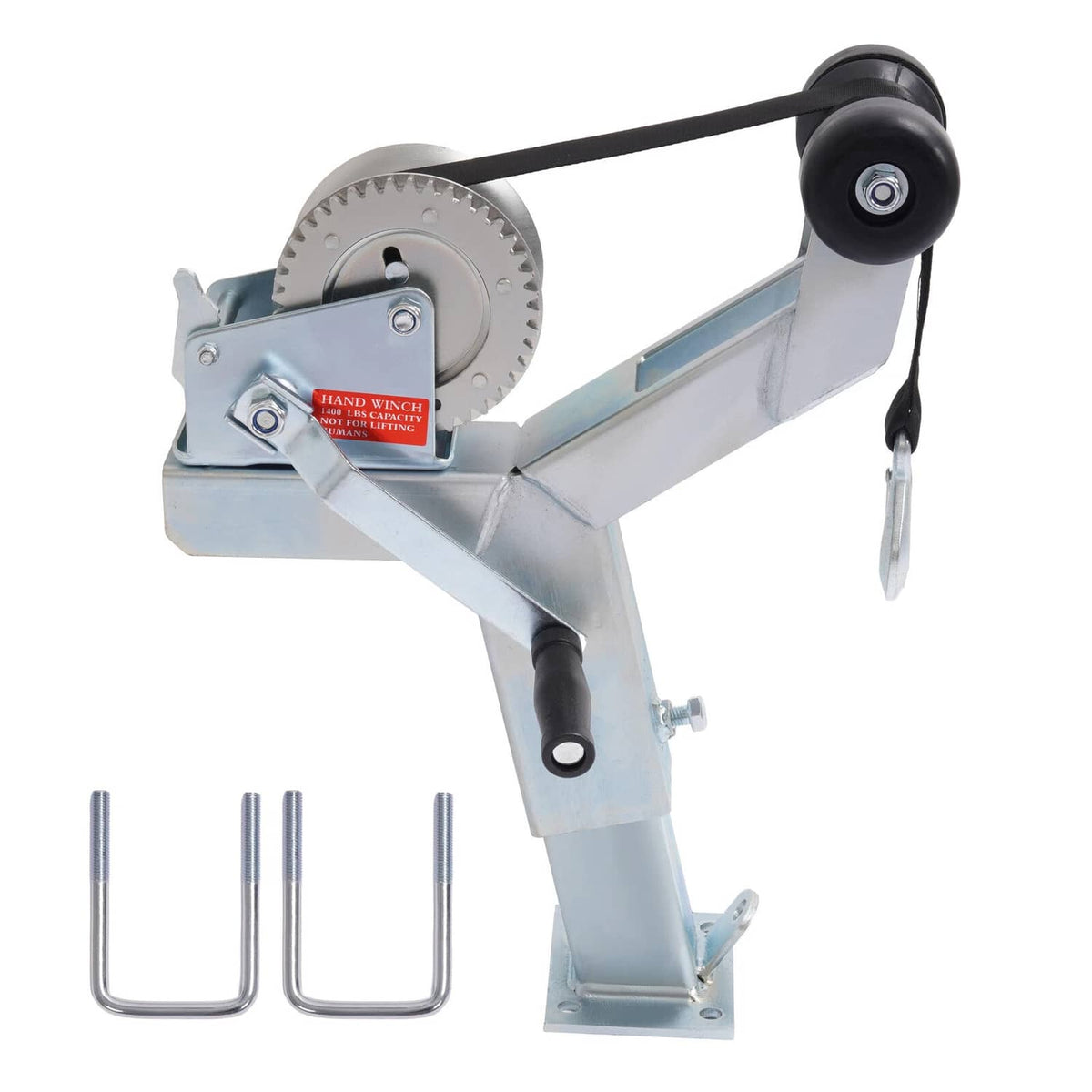 Adjustable winch post with gear wheel, black strap handle, and galvanized steel support.