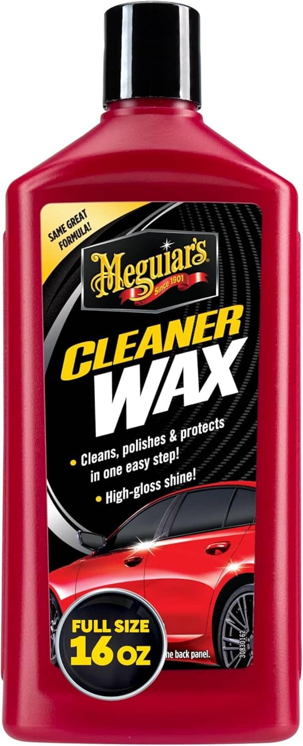 Red liquid cleaner wax bottle with black label and red cap