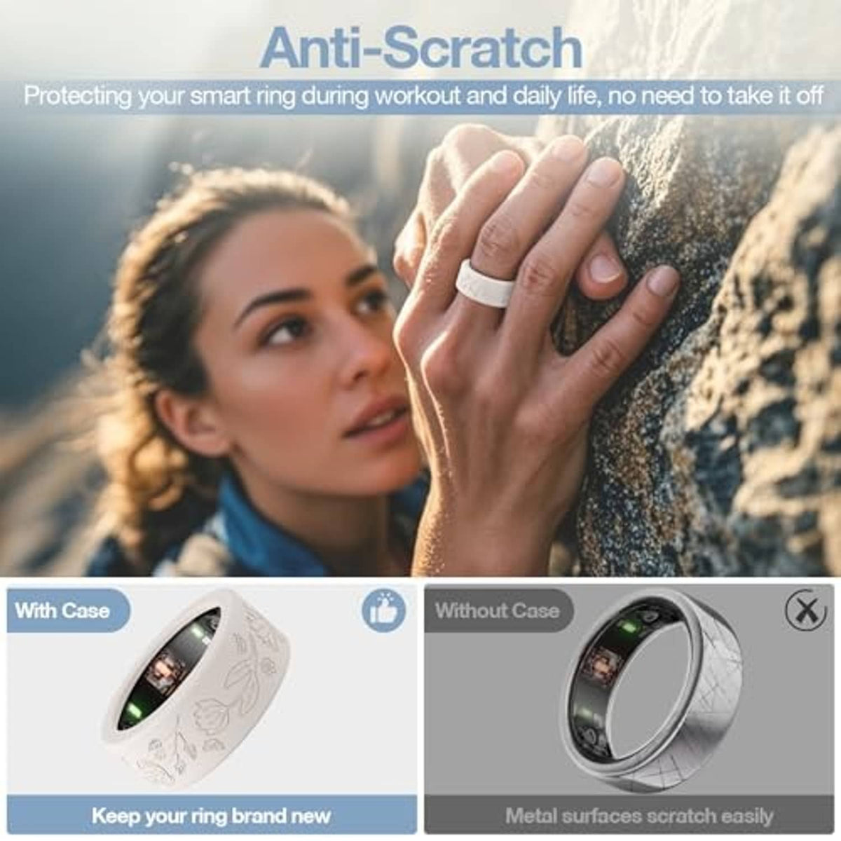 White floral engraved silicone ring cover on a finger, protective anti-scratch style