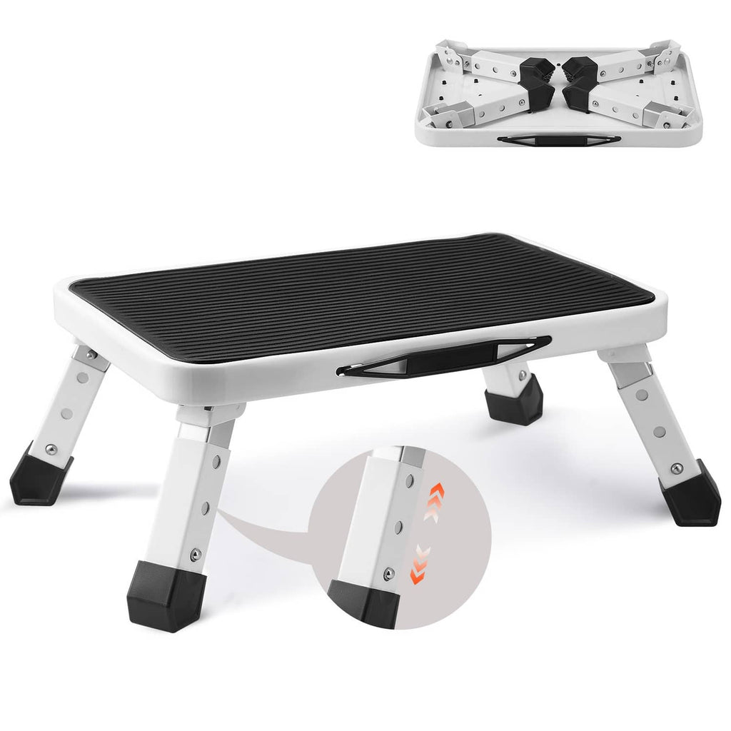 Foldable step stool ladder with black platform and extended legs, top view angle