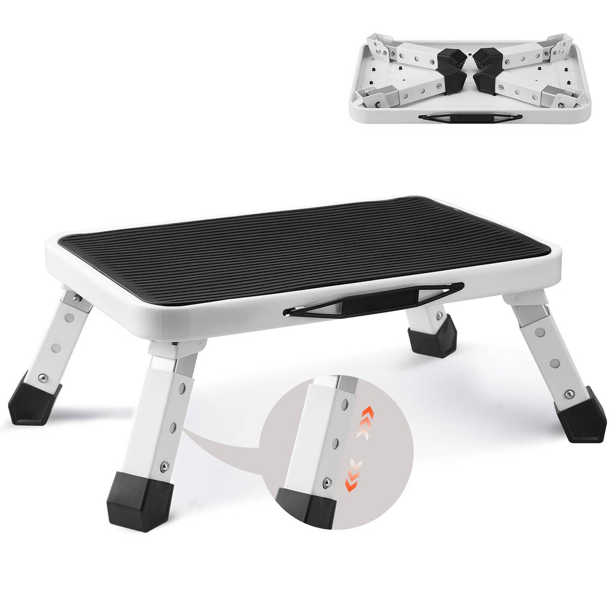 Foldable step stool ladder with black platform and extended legs, top view angle