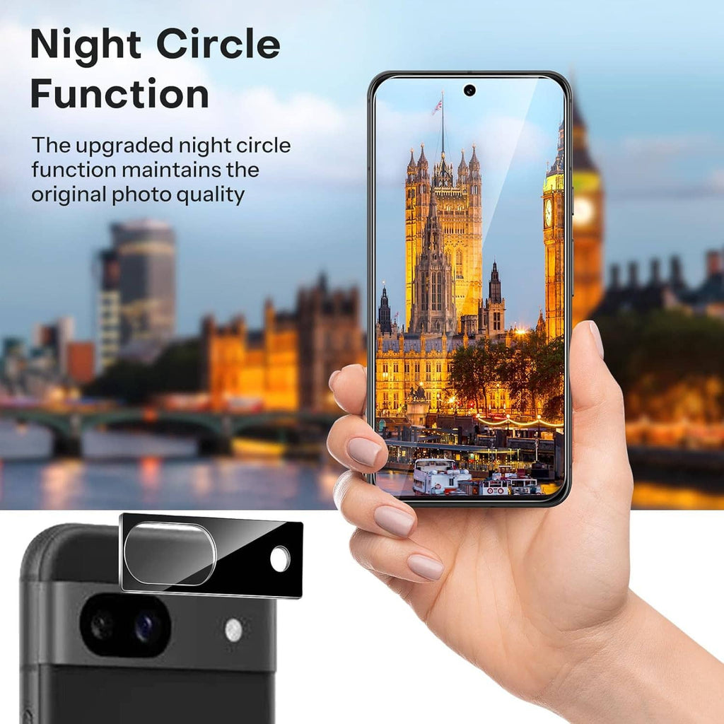 Tempered glass screen protector pieces shown with a phone displaying the protector
