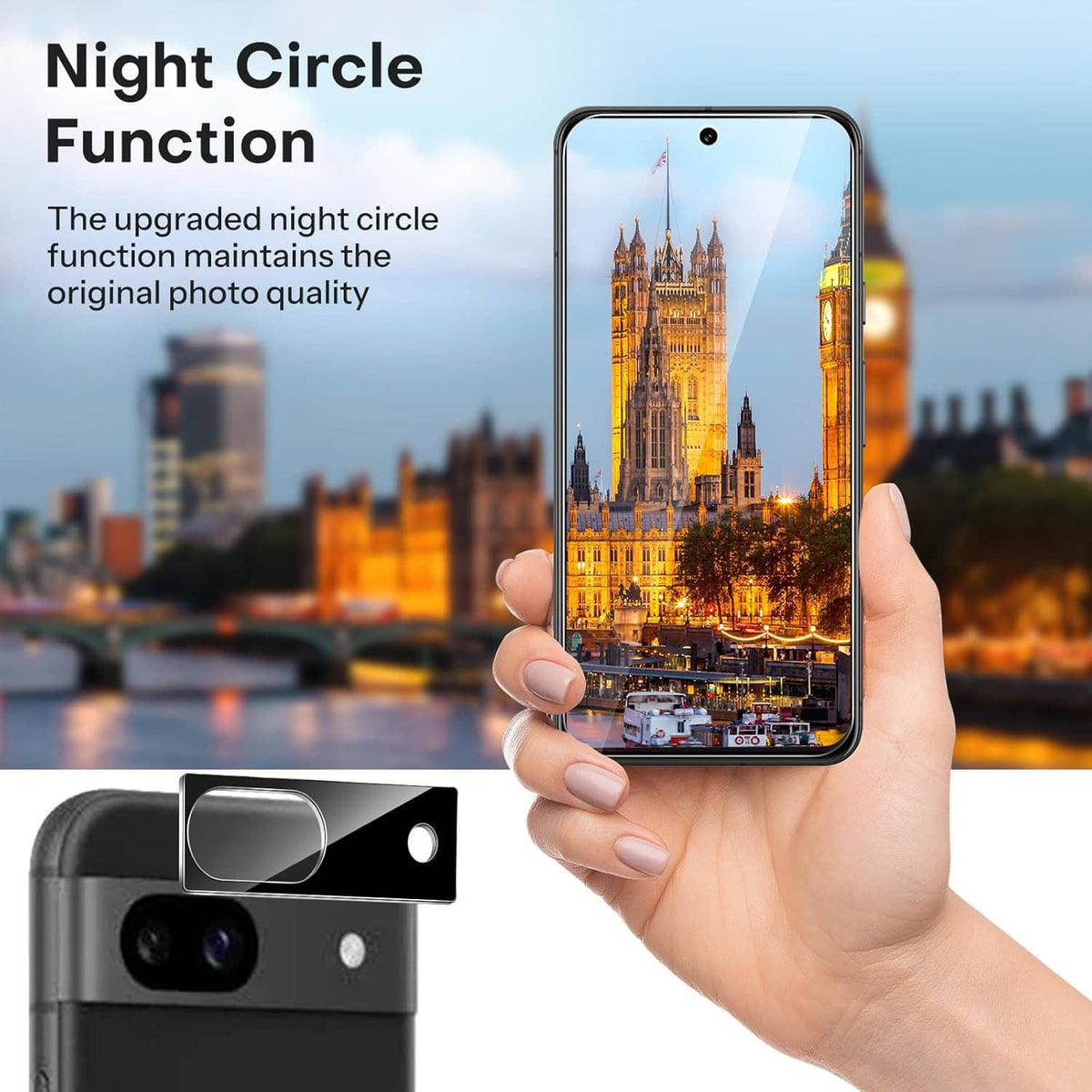 Tempered glass screen protector pieces shown with a phone displaying the protector