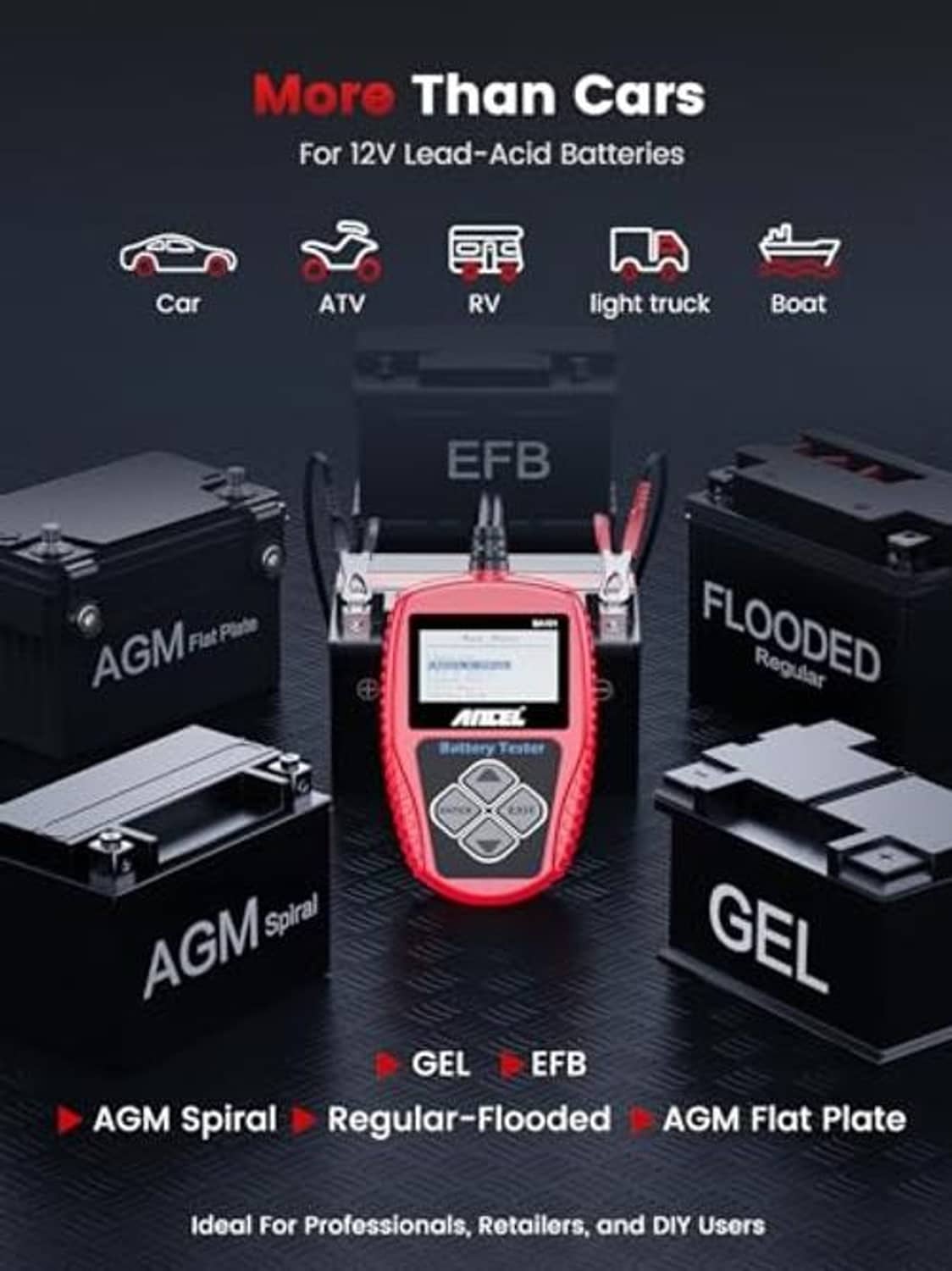 Car battery tester in front of AGM, GEL, and EFB battery icons, red handheld device.