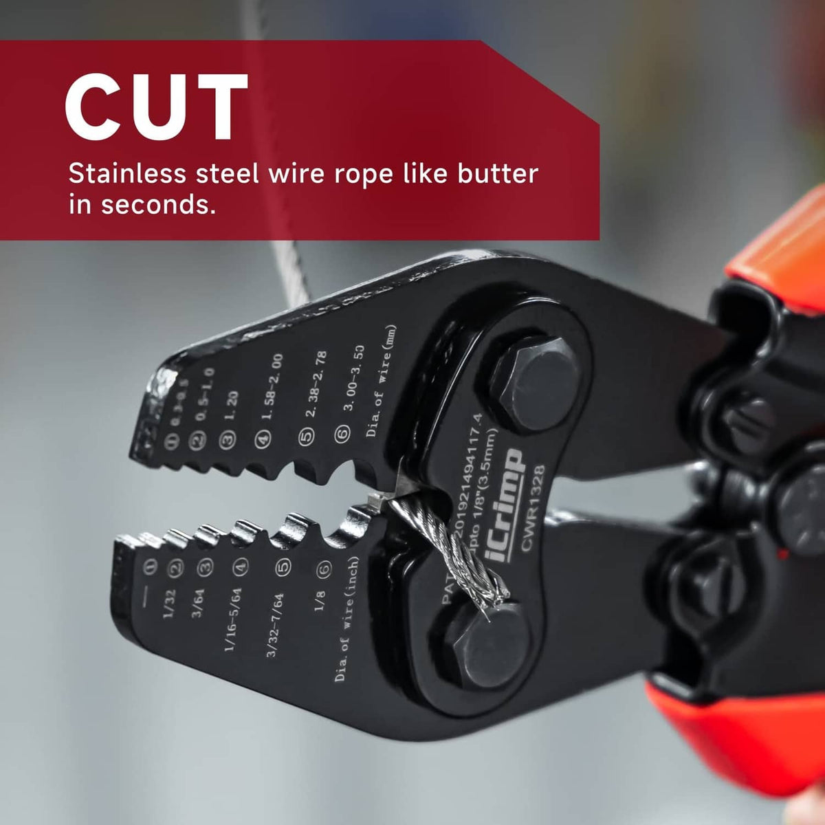 Wire rope crimping tool cutting jaws with serrated cutter, orange/blue handle tool.