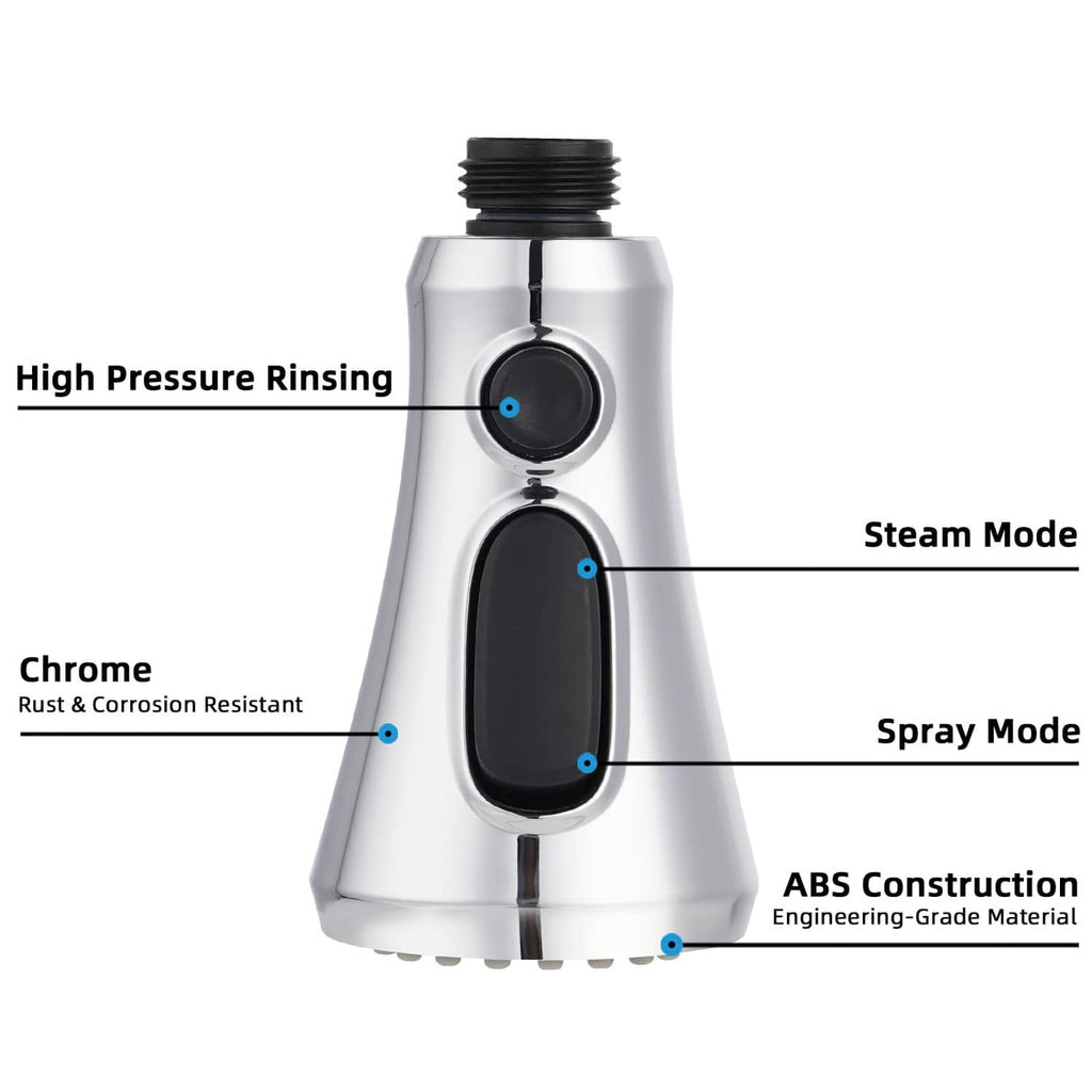 Chrome faucet head with black control panel and spray mode openings